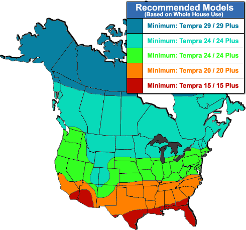 Map of recommended tankless water heater models, based on incoming water temperatures