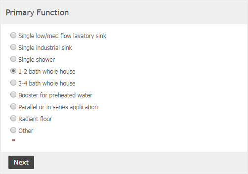 Specify the primary application for your tankless water heater.